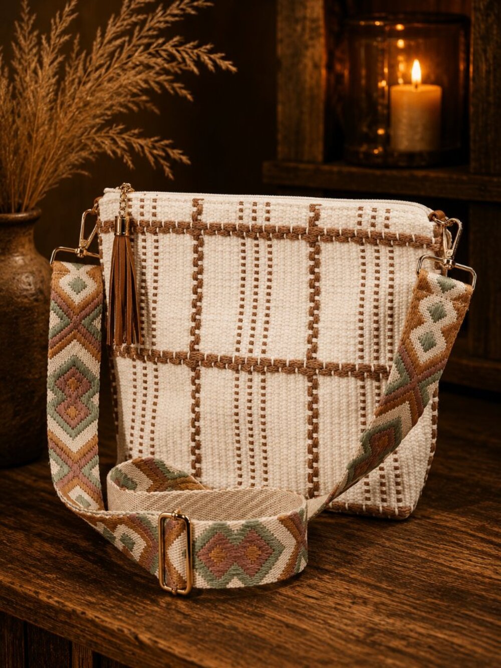Ivory Embroidered Strap Crossbody Shoulder Bag Fall Autumn